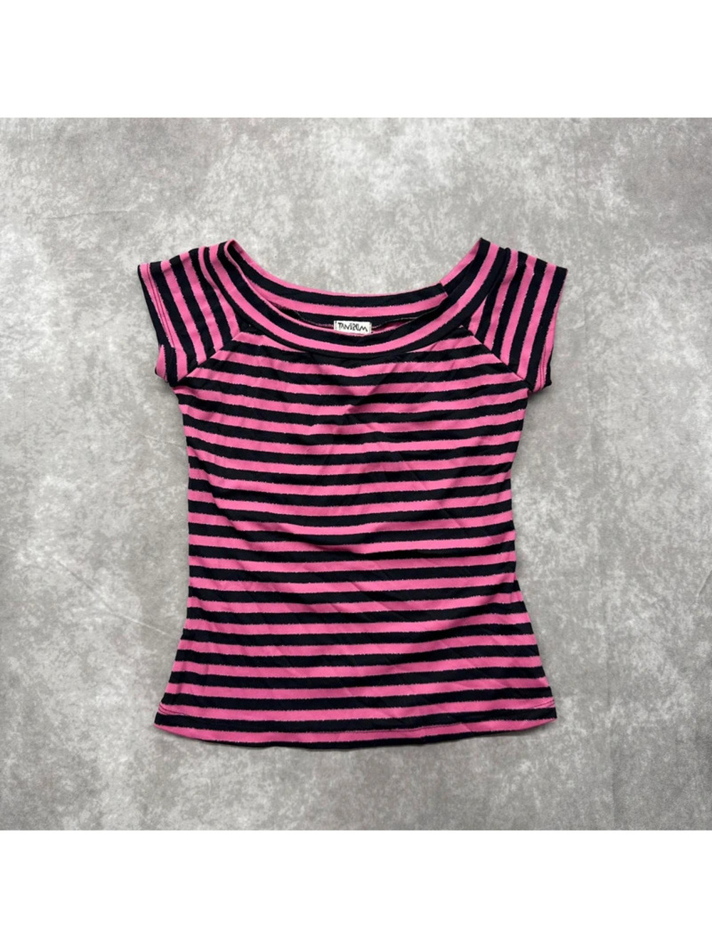 Vintage Tantrum Y2K Pink Black Metallic Striped Cap Sleeve Top L USA
